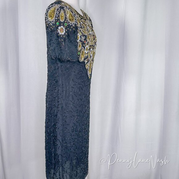 Laurence Kazar Vintage 80s Silk Bead-Sequin Dress Black - Picture 14 of 14